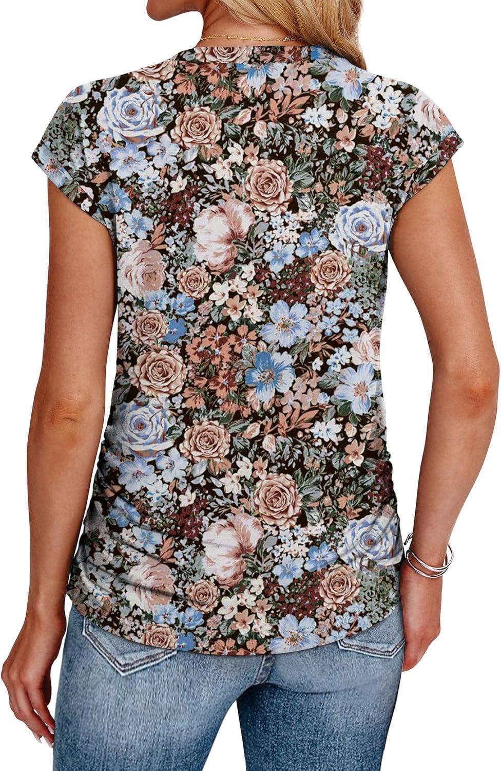imageSAMPEEL Womens Summer Tops Trendy 2025 Ruched Cap Short Sleeve Tshirts Shirts Crew Neck T Shirts FashionUnique Floral Black