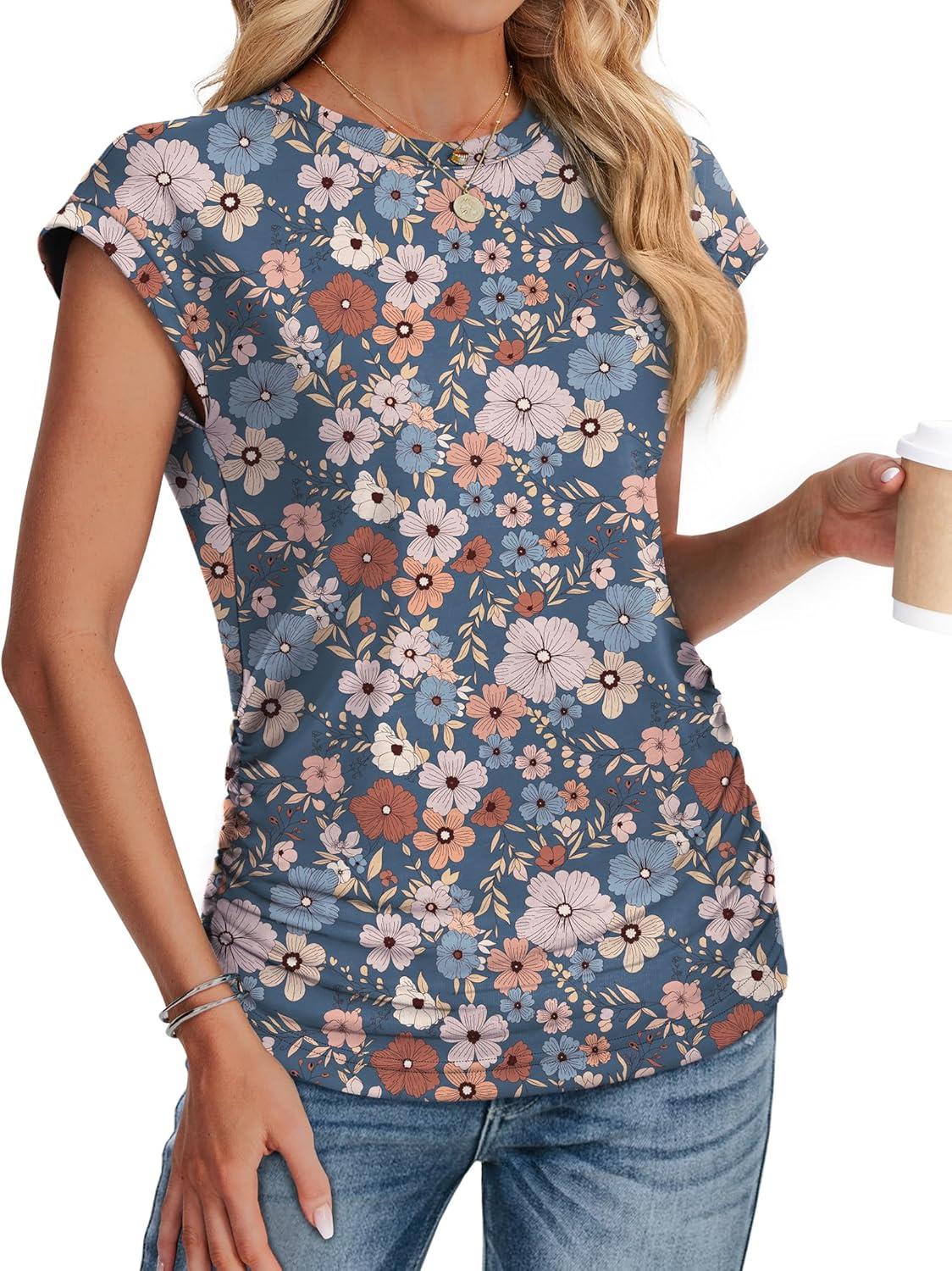 imageSAMPEEL Womens Summer Tops Trendy 2025 Ruched Cap Short Sleeve Tshirts Shirts Crew Neck T Shirts FashionUnique Floral Blue