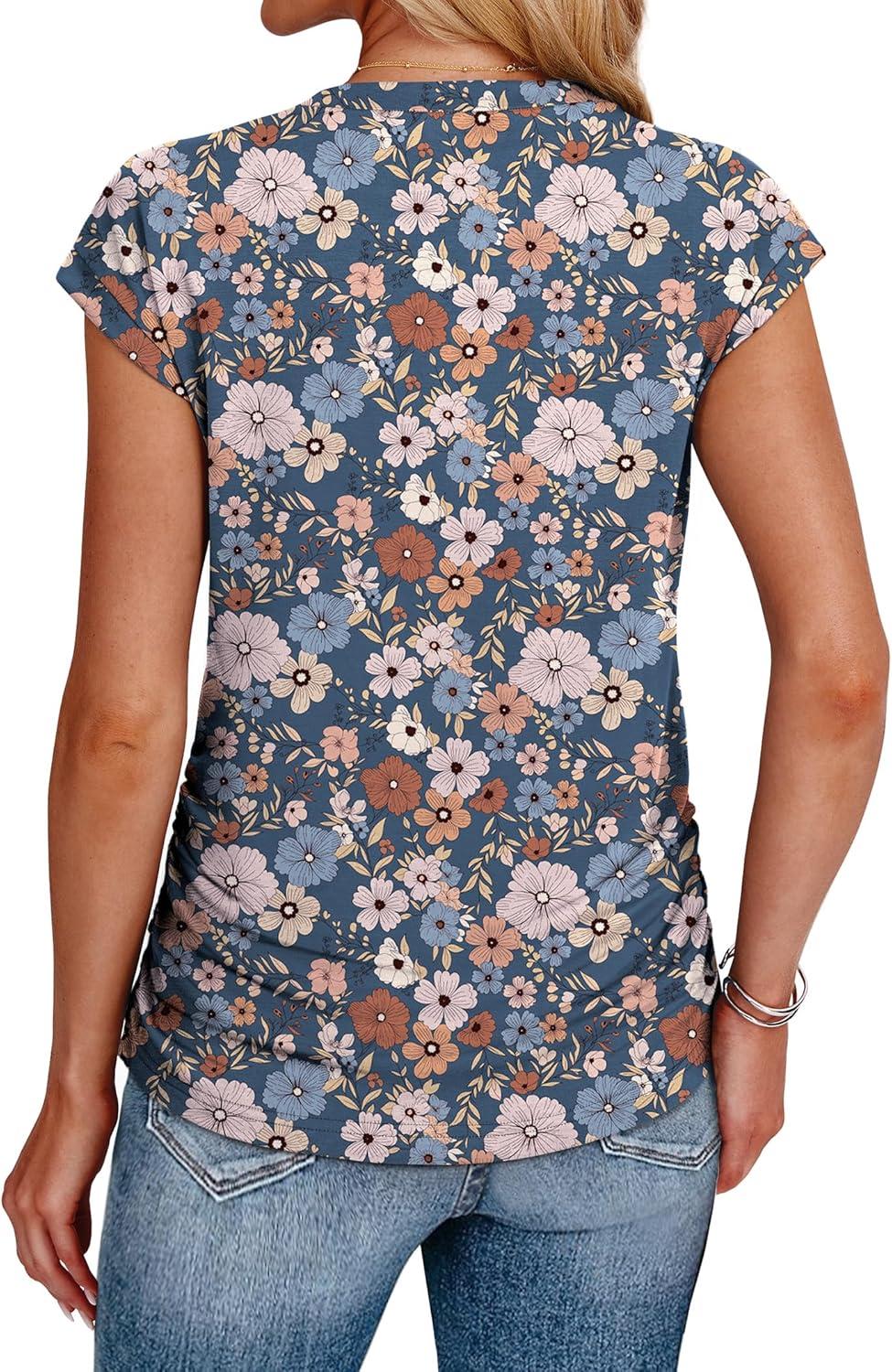 imageSAMPEEL Womens Summer Tops Trendy 2025 Ruched Cap Short Sleeve Tshirts Shirts Crew Neck T Shirts FashionUnique Floral Blue