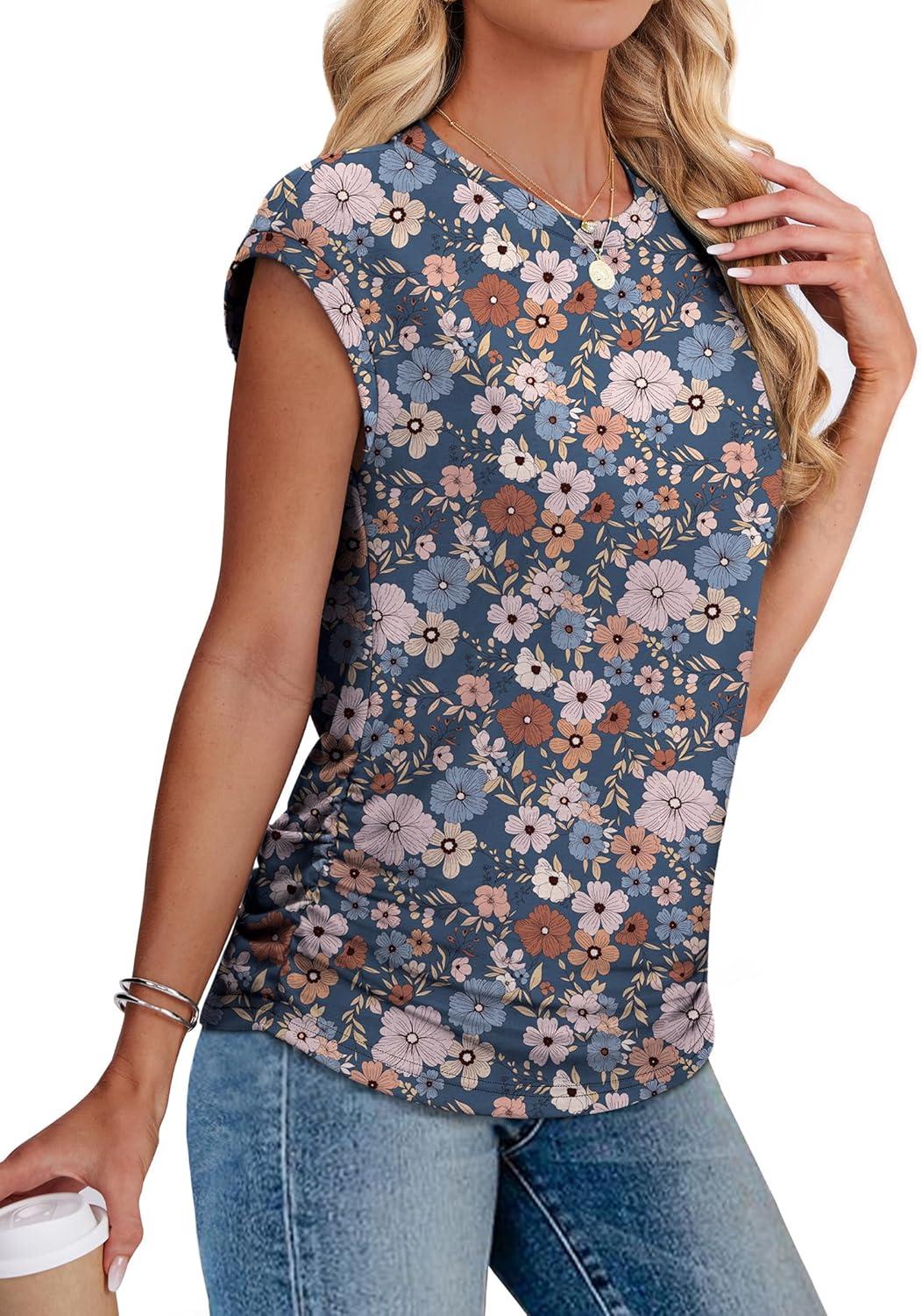 imageSAMPEEL Womens Summer Tops Trendy 2025 Ruched Cap Short Sleeve Tshirts Shirts Crew Neck T Shirts FashionUnique Floral Blue
