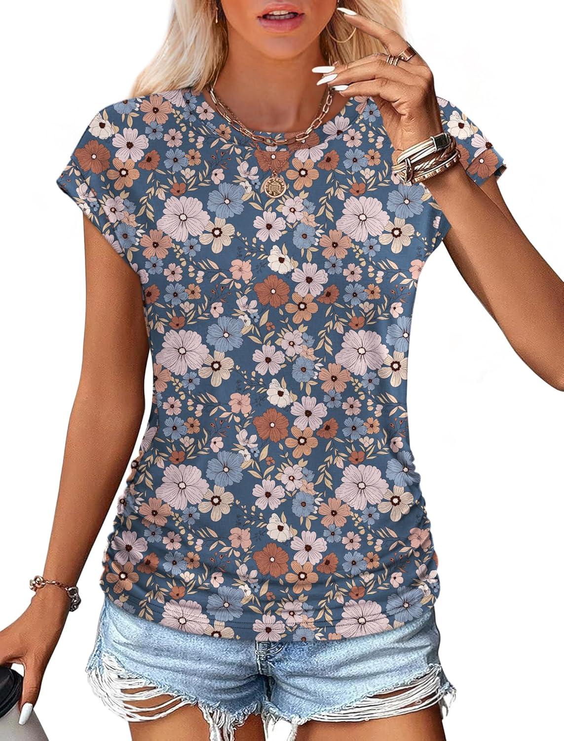 imageSAMPEEL Womens Summer Tops Trendy 2025 Ruched Cap Short Sleeve Tshirts Shirts Crew Neck T Shirts FashionUnique Floral Blue