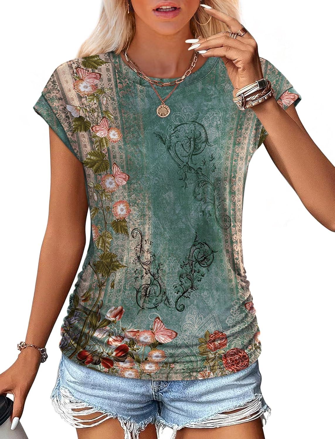 imageSAMPEEL Womens Summer Tops Trendy 2025 Ruched Cap Short Sleeve Tshirts Shirts Crew Neck T Shirts FashionUnique Floral Green