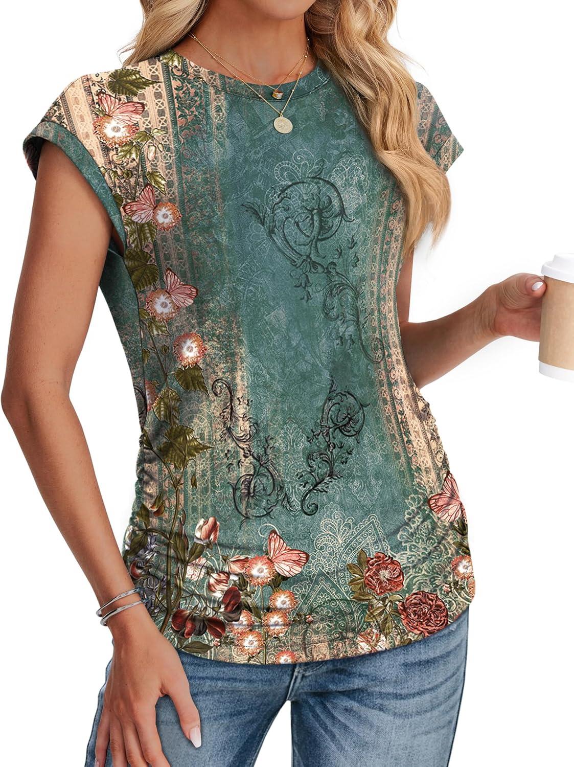 imageSAMPEEL Womens Summer Tops Trendy 2025 Ruched Cap Short Sleeve Tshirts Shirts Crew Neck T Shirts FashionUnique Floral Green