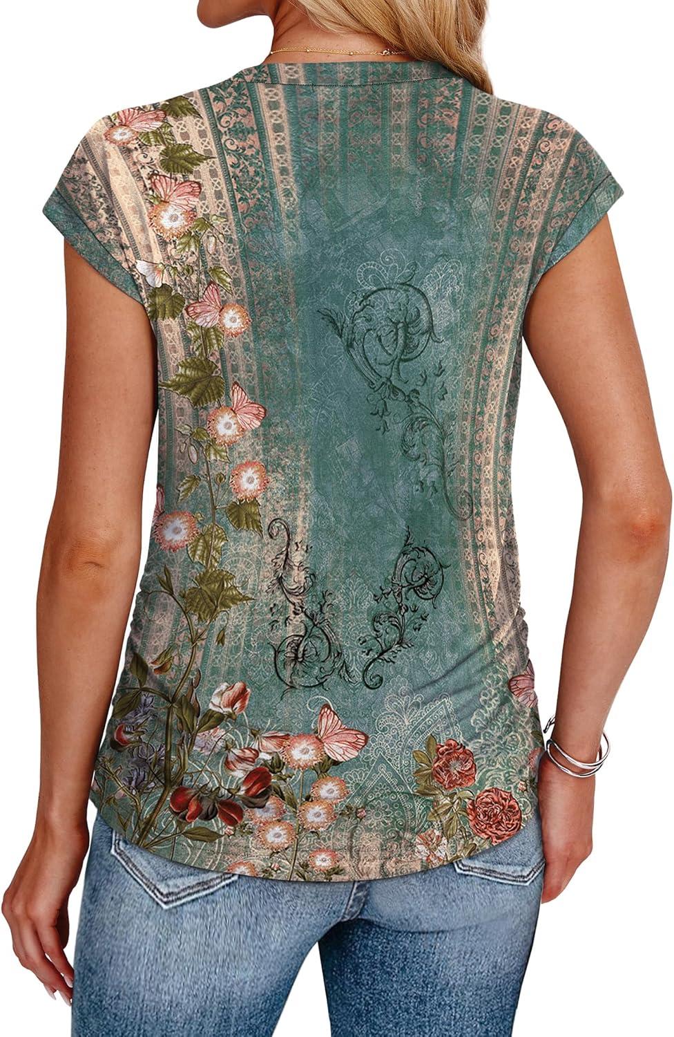 imageSAMPEEL Womens Summer Tops Trendy 2025 Ruched Cap Short Sleeve Tshirts Shirts Crew Neck T Shirts FashionUnique Floral Green