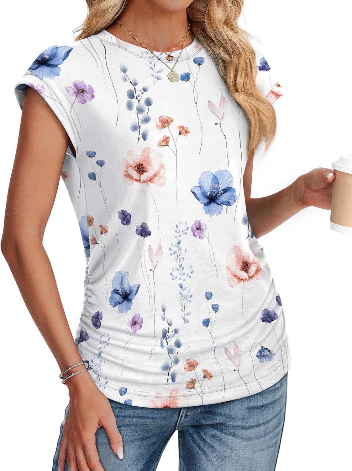 imageSAMPEEL Womens Summer Tops Trendy 2025 Ruched Cap Short Sleeve Tshirts Shirts Crew Neck T Shirts FashionUnique Floral White