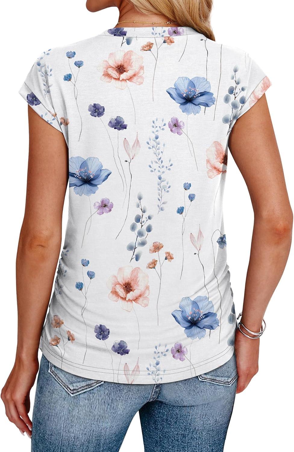 imageSAMPEEL Womens Summer Tops Trendy 2025 Ruched Cap Short Sleeve Tshirts Shirts Crew Neck T Shirts FashionUnique Floral White