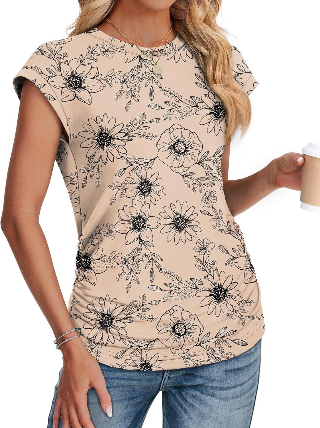 imageSAMPEEL Womens Summer Tops Trendy 2025 Ruched Cap Short Sleeve Tshirts Shirts Crew Neck T Shirts FashionUnique Ink Painting Flowers