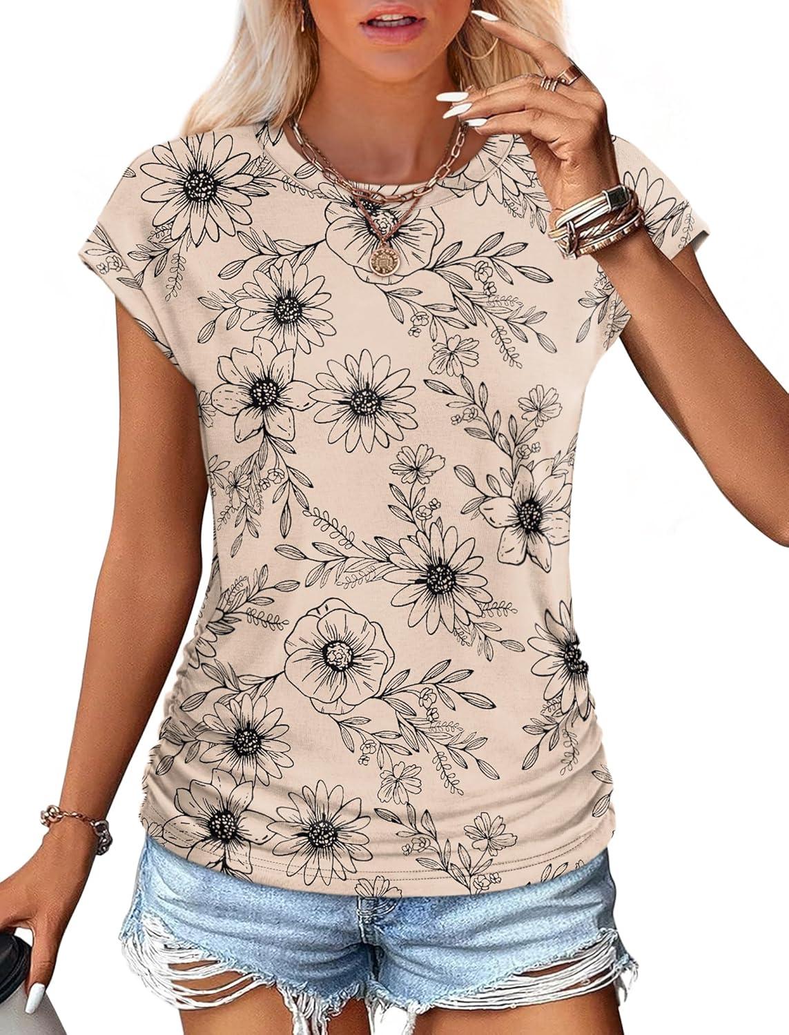 imageSAMPEEL Womens Summer Tops Trendy 2025 Ruched Cap Short Sleeve Tshirts Shirts Crew Neck T Shirts FashionUnique Ink Painting Flowers