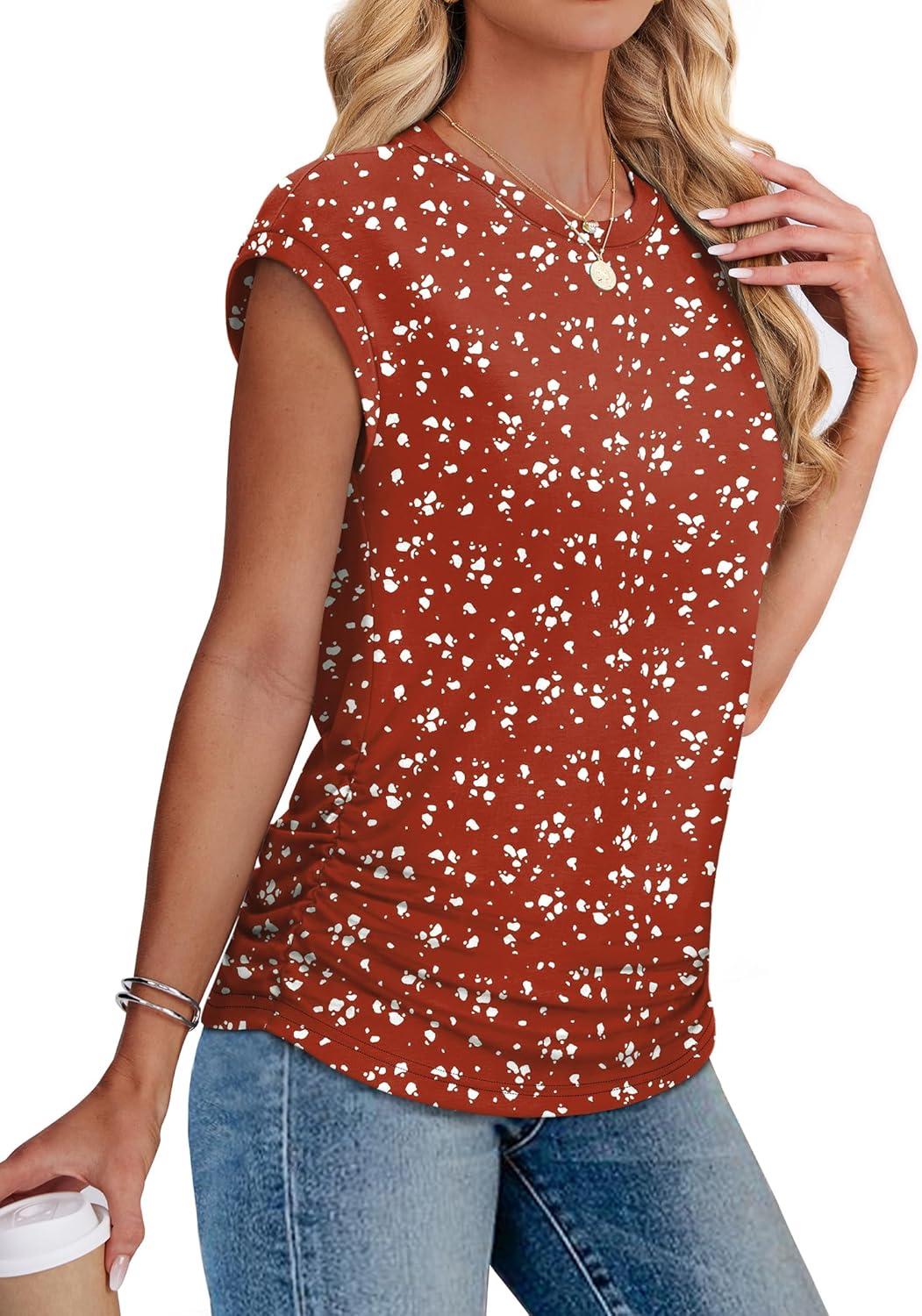 imageSAMPEEL Womens Summer Tops Trendy 2025 Ruched Cap Short Sleeve Tshirts Shirts Crew Neck T Shirts FashionUnique Irregular White Dots