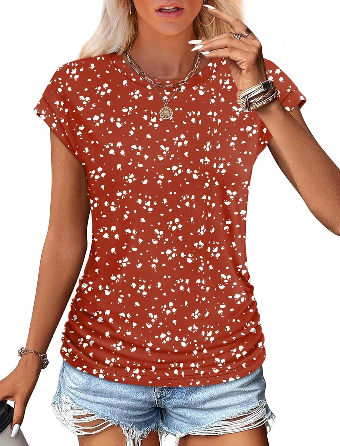imageSAMPEEL Womens Summer Tops Trendy 2025 Ruched Cap Short Sleeve Tshirts Shirts Crew Neck T Shirts FashionUnique Irregular White Dots