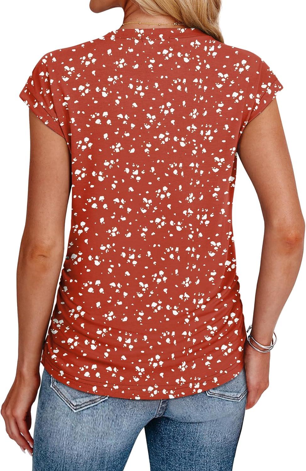 imageSAMPEEL Womens Summer Tops Trendy 2025 Ruched Cap Short Sleeve Tshirts Shirts Crew Neck T Shirts FashionUnique Irregular White Dots