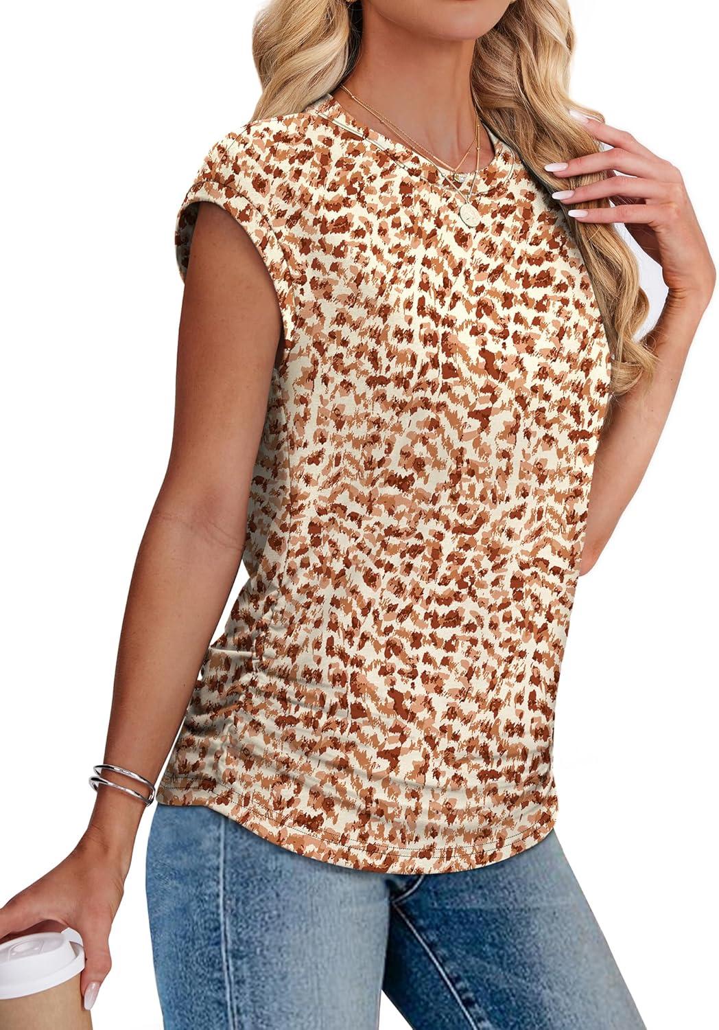 imageSAMPEEL Womens Summer Tops Trendy 2025 Ruched Cap Short Sleeve Tshirts Shirts Crew Neck T Shirts FashionUnique Orange Camouflage