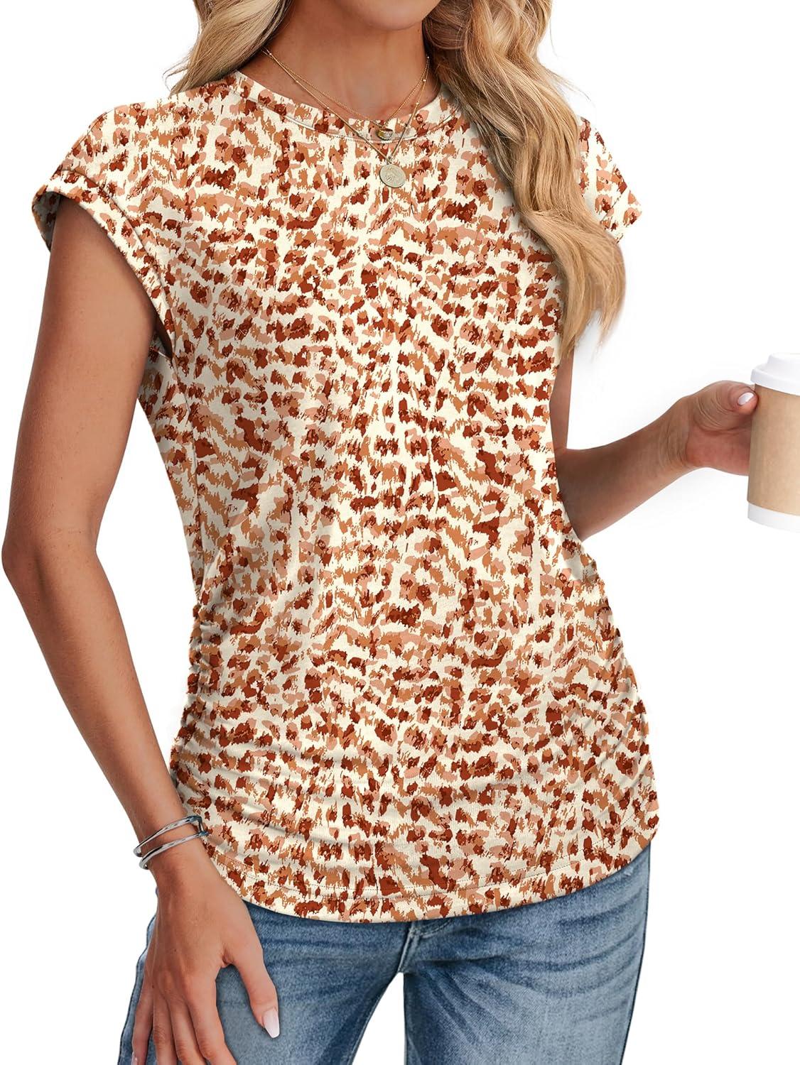 imageSAMPEEL Womens Summer Tops Trendy 2025 Ruched Cap Short Sleeve Tshirts Shirts Crew Neck T Shirts FashionUnique Orange Camouflage