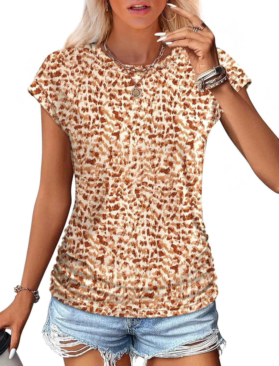 imageSAMPEEL Womens Summer Tops Trendy 2025 Ruched Cap Short Sleeve Tshirts Shirts Crew Neck T Shirts FashionUnique Orange Camouflage