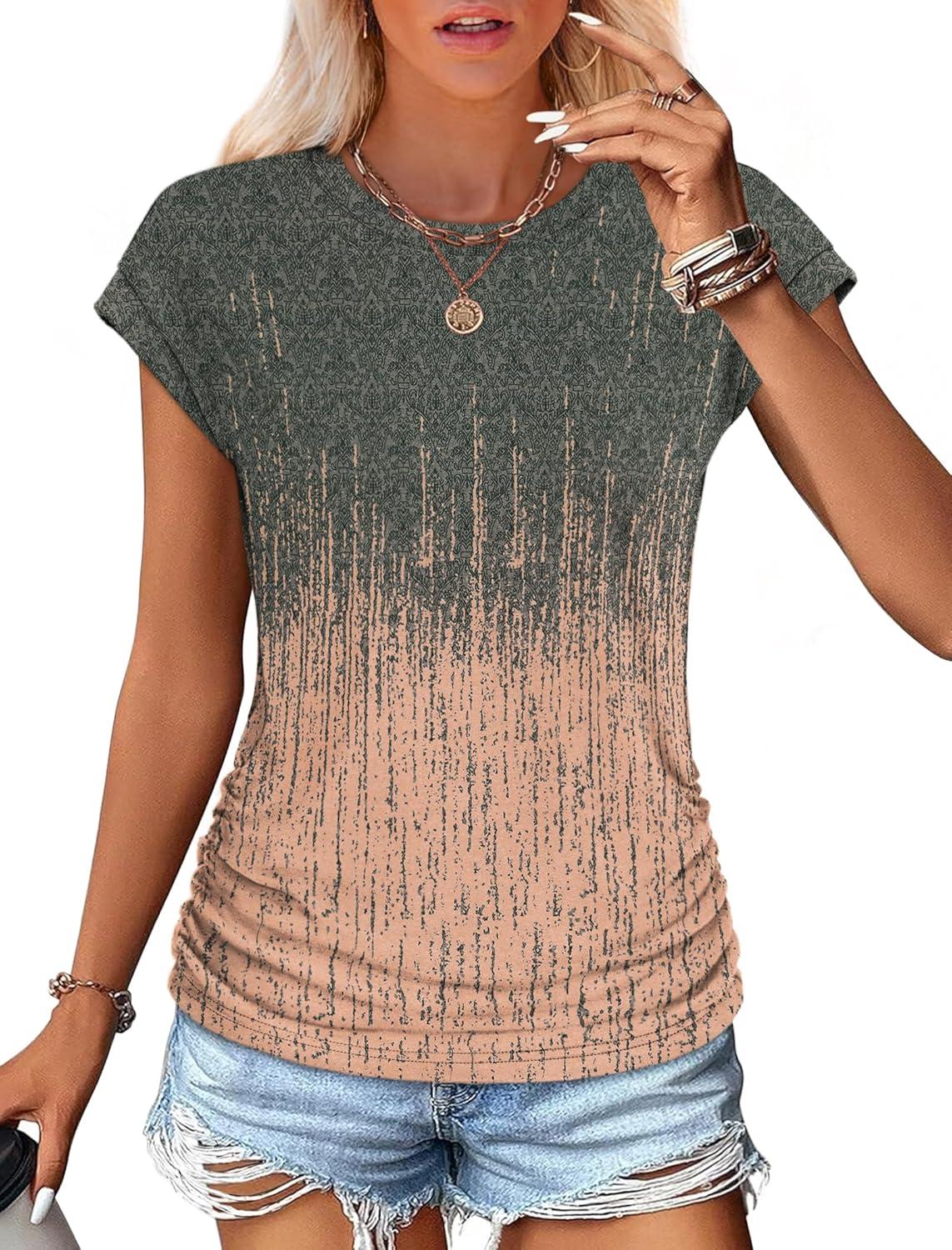 imageSAMPEEL Womens Summer Tops Trendy 2025 Ruched Cap Short Sleeve Tshirts Shirts Crew Neck T Shirts FashionVolcanic Printed