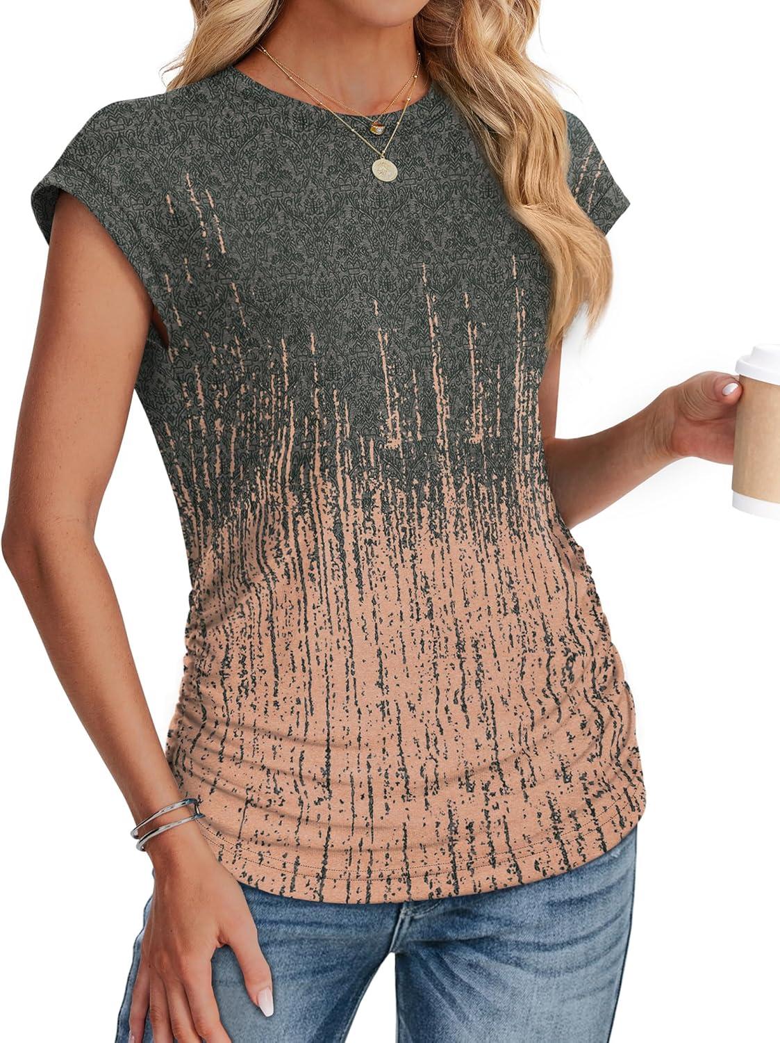 imageSAMPEEL Womens Summer Tops Trendy 2025 Ruched Cap Short Sleeve Tshirts Shirts Crew Neck T Shirts FashionVolcanic Printed