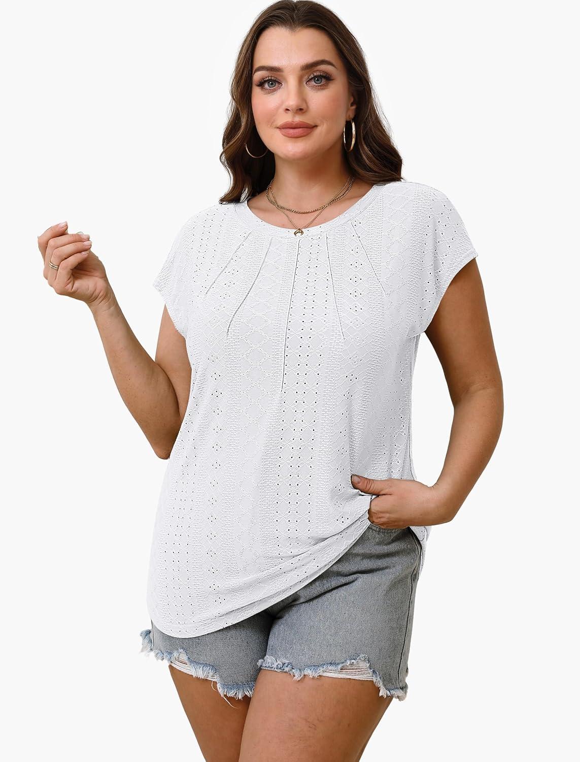 imageSAMPEEL Womens T Shirts Short Sleeve Pleated Dressy Casual Cap Sleeve Summer Tops BlousesAll White