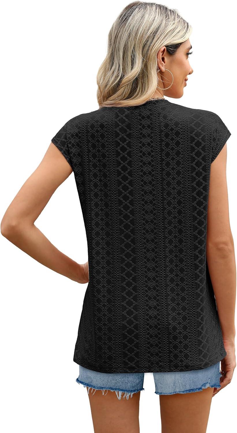 imageSAMPEEL Womens T Shirts Short Sleeve Pleated Dressy Casual Cap Sleeve Summer Tops BlousesBlack