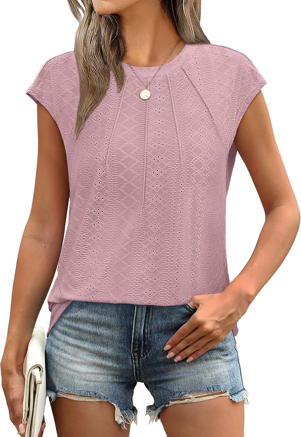 imageSAMPEEL Womens T Shirts Short Sleeve Pleated Dressy Casual Cap Sleeve Summer Tops BlousesDusty Pink