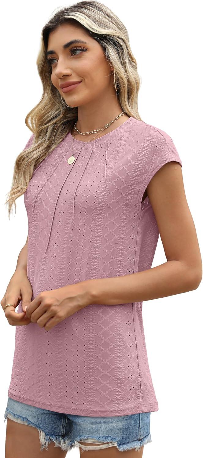 imageSAMPEEL Womens T Shirts Short Sleeve Pleated Dressy Casual Cap Sleeve Summer Tops BlousesDusty Pink