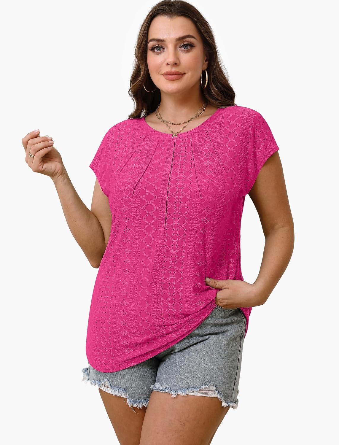 imageSAMPEEL Womens T Shirts Short Sleeve Pleated Dressy Casual Cap Sleeve Summer Tops BlousesHot Pink