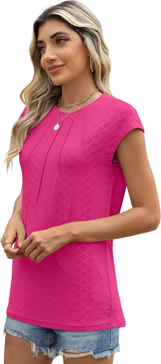 imageSAMPEEL Womens T Shirts Short Sleeve Pleated Dressy Casual Cap Sleeve Summer Tops BlousesHot Pink