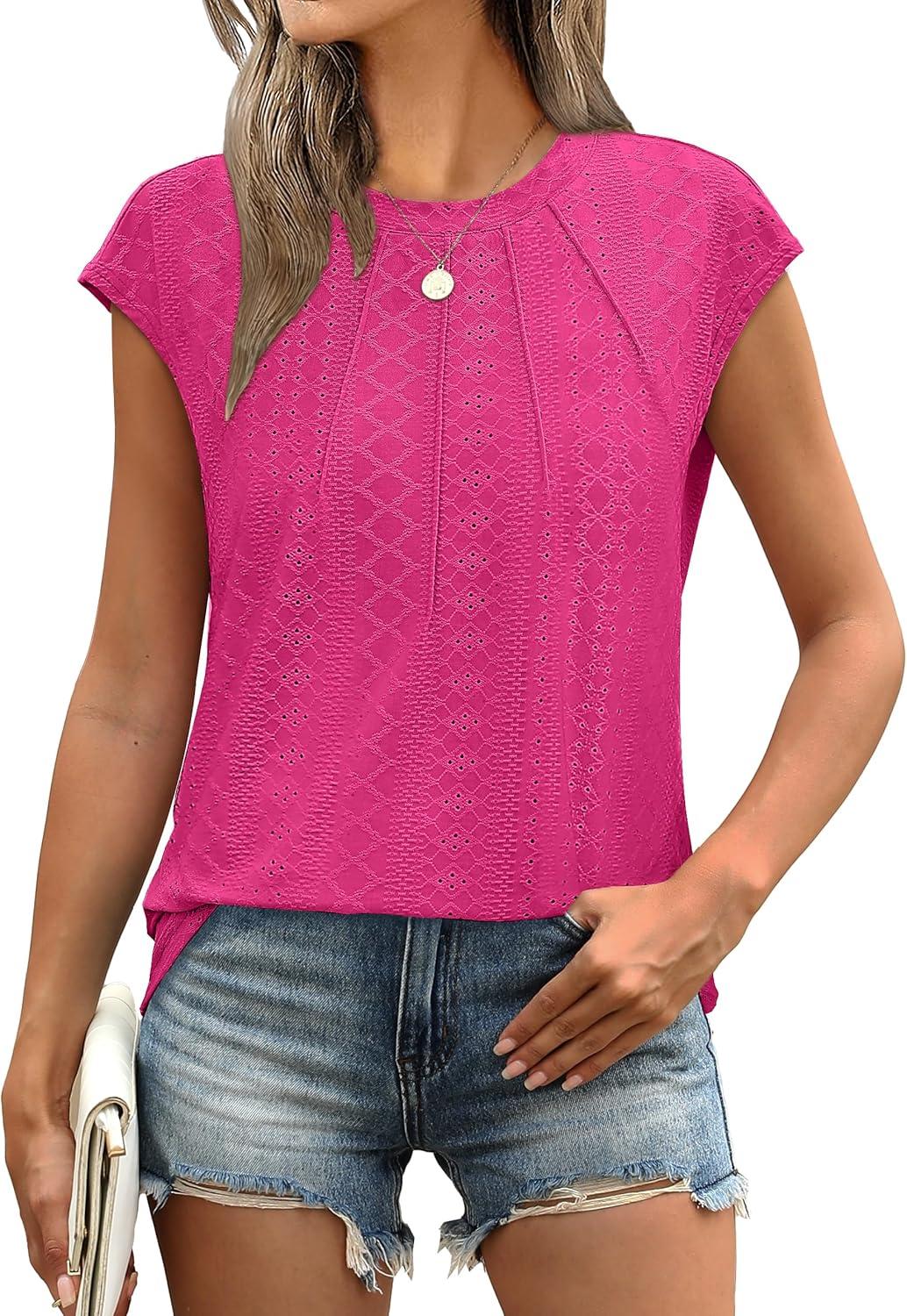 imageSAMPEEL Womens T Shirts Short Sleeve Pleated Dressy Casual Cap Sleeve Summer Tops BlousesHot Pink