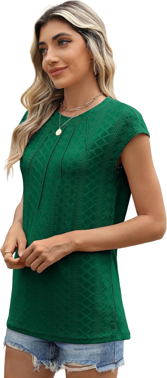 imageSAMPEEL Womens T Shirts Short Sleeve Pleated Dressy Casual Cap Sleeve Summer Tops BlousesKelly Green