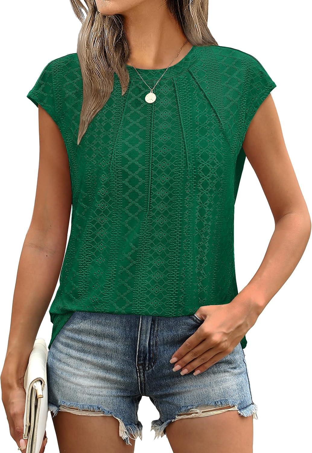imageSAMPEEL Womens T Shirts Short Sleeve Pleated Dressy Casual Cap Sleeve Summer Tops BlousesKelly Green