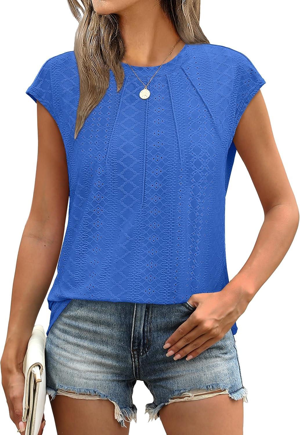 imageSAMPEEL Womens T Shirts Short Sleeve Pleated Dressy Casual Cap Sleeve Summer Tops BlousesKlein Blue