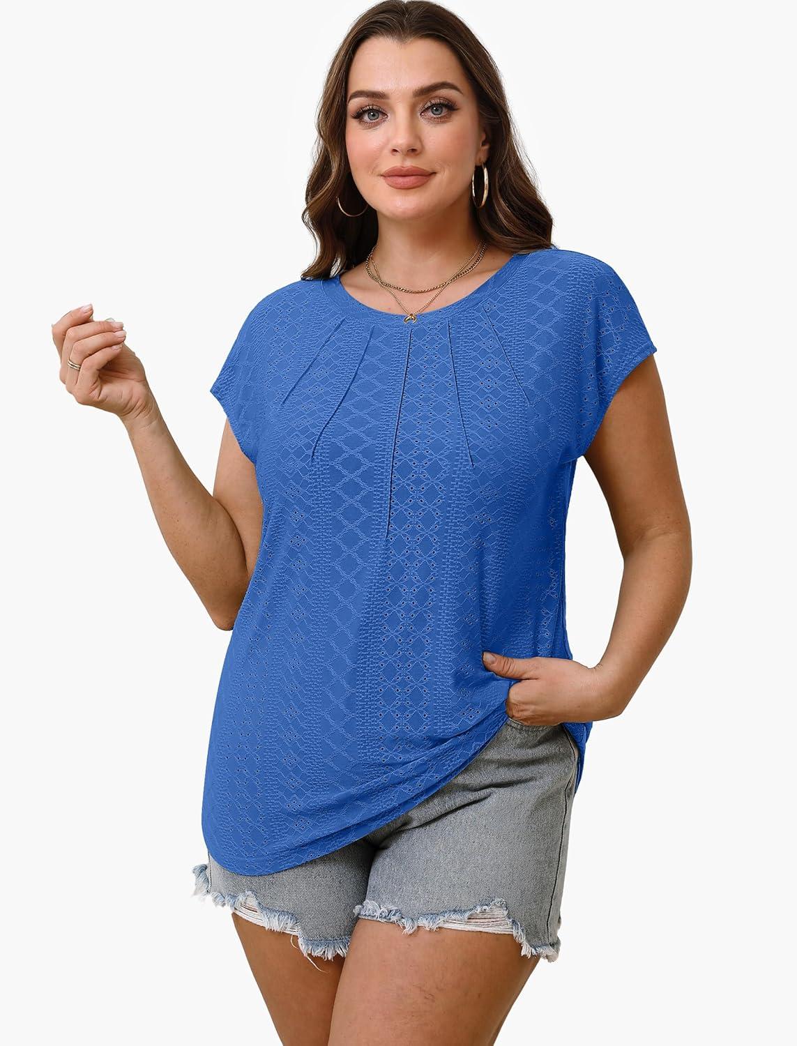imageSAMPEEL Womens T Shirts Short Sleeve Pleated Dressy Casual Cap Sleeve Summer Tops BlousesKlein Blue