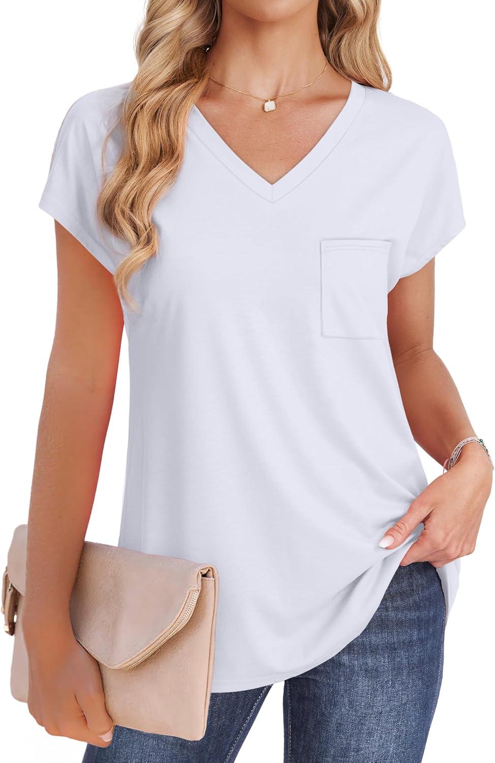 imageSAMPEEL Womens T Shirts V Neck Cap Short Sleeve Summer Tops Trendy 2025 Loose Casual Tshirts with PocketAll White