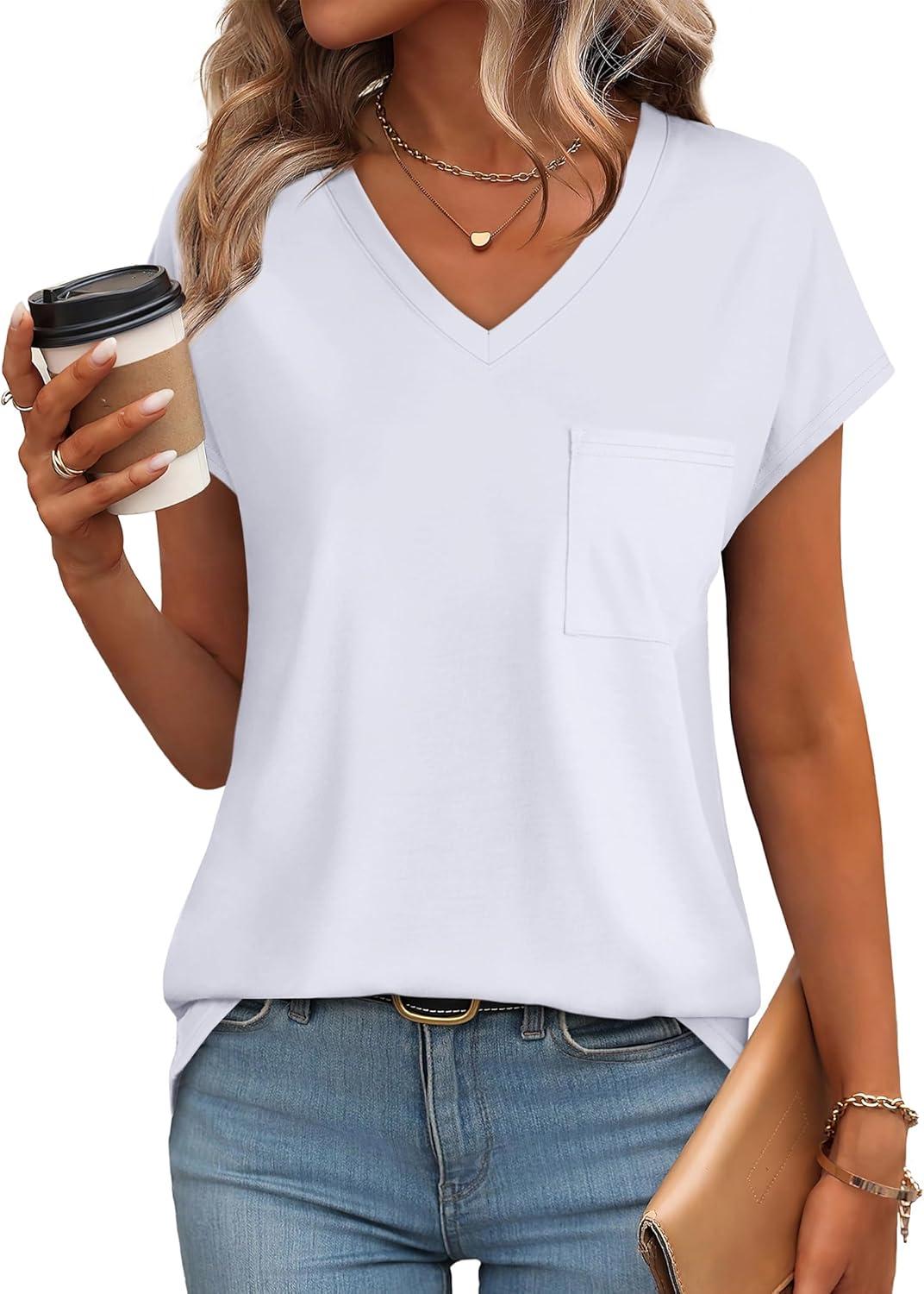 imageSAMPEEL Womens T Shirts V Neck Cap Short Sleeve Summer Tops Trendy 2025 Loose Casual Tshirts with PocketAll White