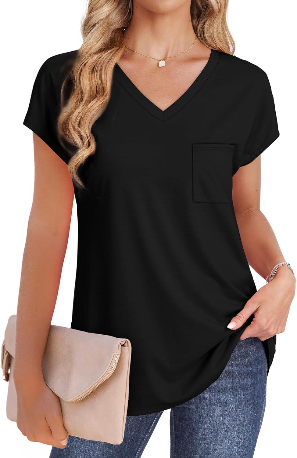 imageSAMPEEL Womens T Shirts V Neck Cap Short Sleeve Summer Tops Trendy 2025 Loose Casual Tshirts with PocketBlack
