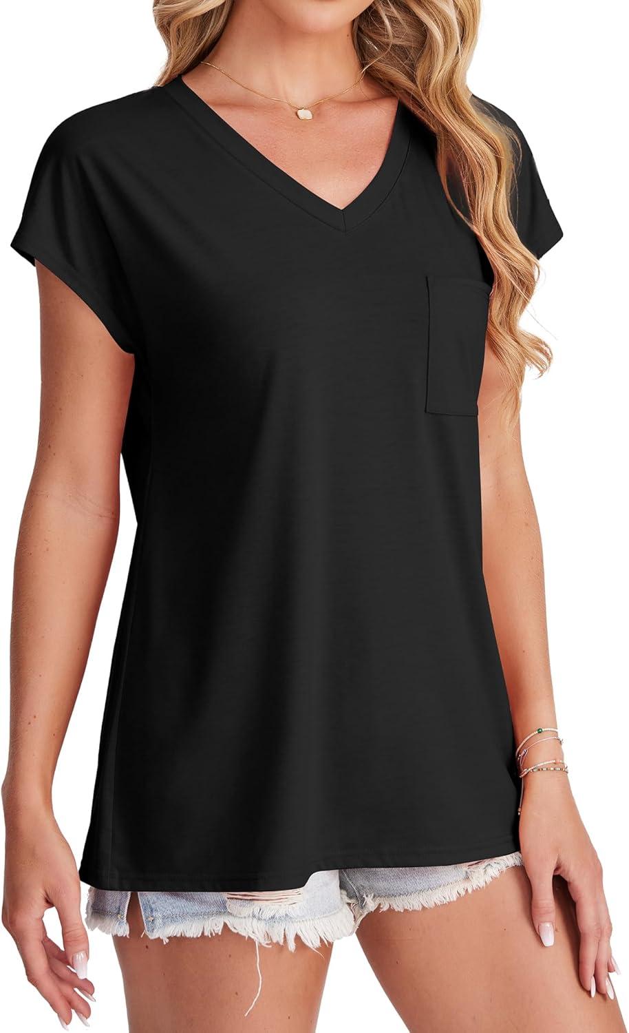 imageSAMPEEL Womens T Shirts V Neck Cap Short Sleeve Summer Tops Trendy 2025 Loose Casual Tshirts with PocketBlack