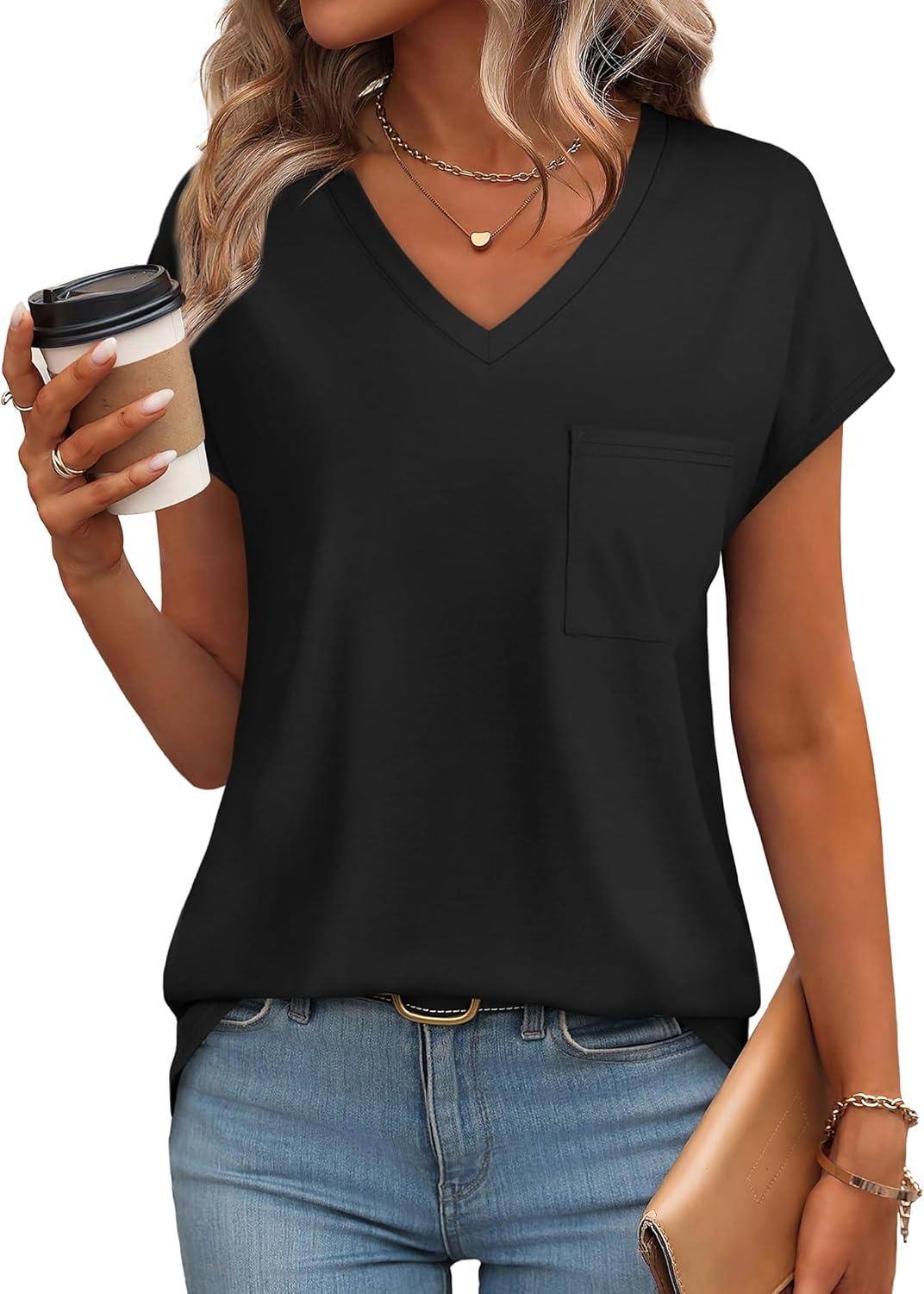 imageSAMPEEL Womens T Shirts V Neck Cap Short Sleeve Summer Tops Trendy 2025 Loose Casual Tshirts with PocketBlack