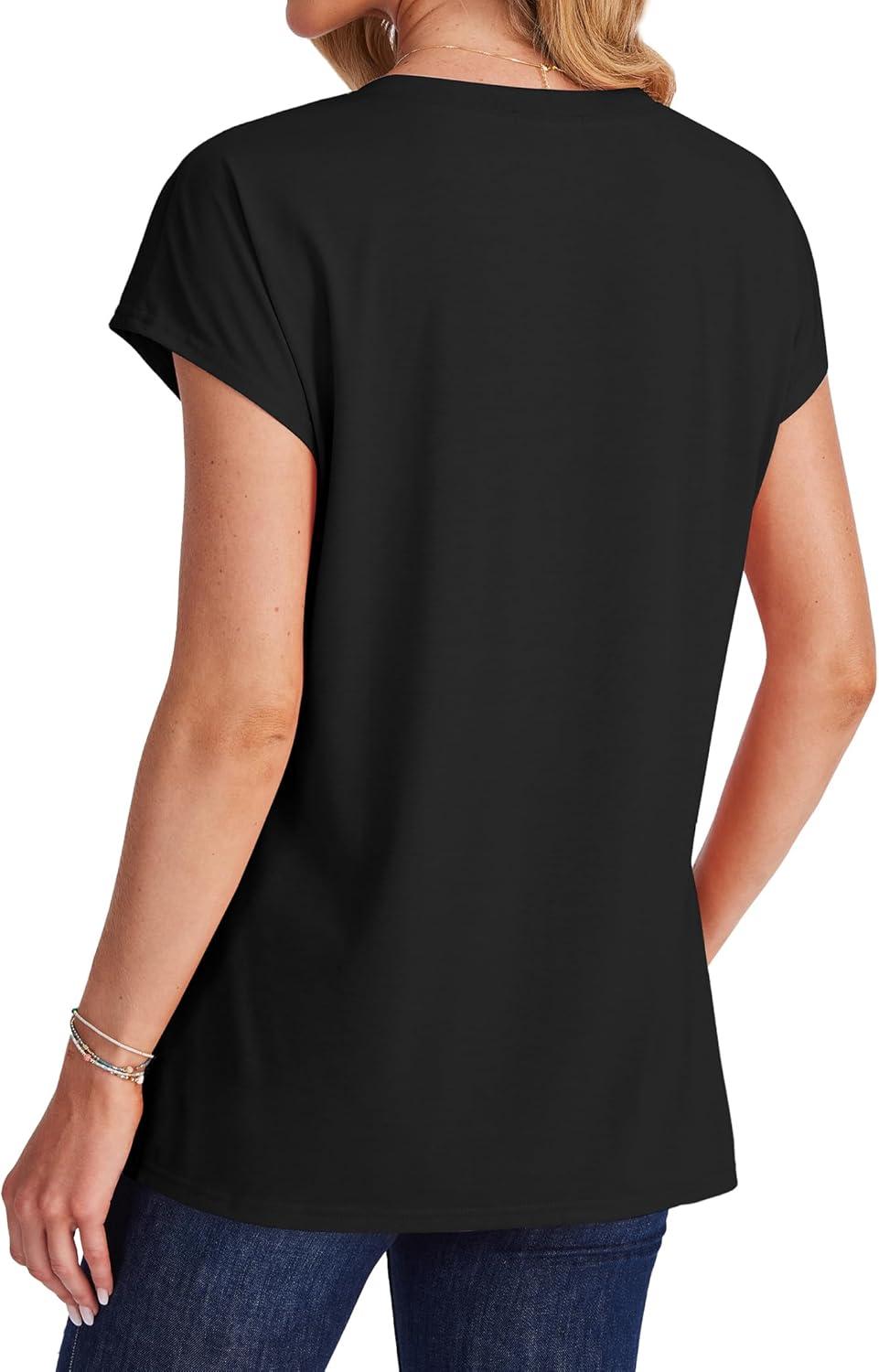imageSAMPEEL Womens T Shirts V Neck Cap Short Sleeve Summer Tops Trendy 2025 Loose Casual Tshirts with PocketBlack