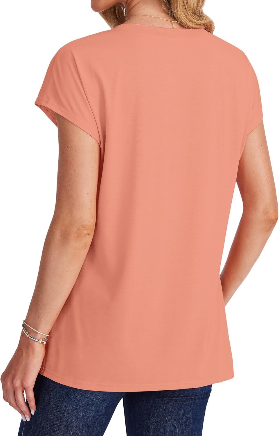 imageSAMPEEL Womens T Shirts V Neck Cap Short Sleeve Summer Tops Trendy 2025 Loose Casual Tshirts with PocketCoral
