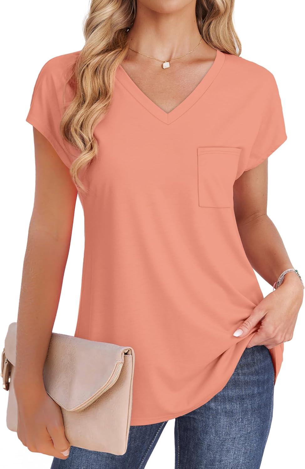 imageSAMPEEL Womens T Shirts V Neck Cap Short Sleeve Summer Tops Trendy 2025 Loose Casual Tshirts with PocketCoral