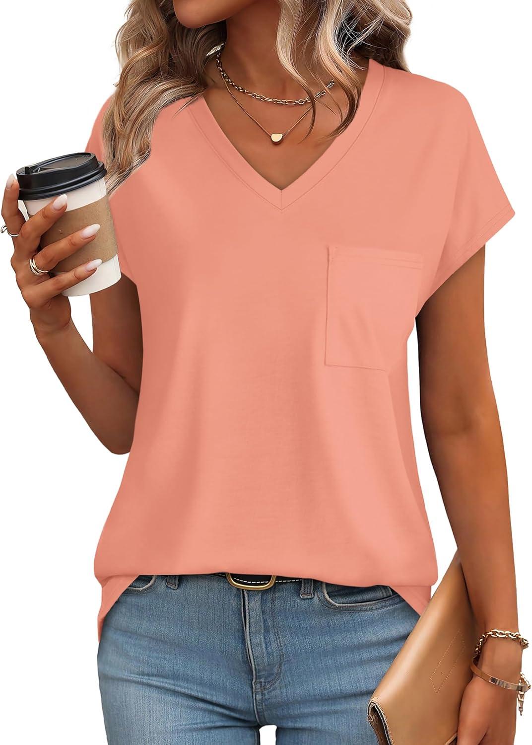 imageSAMPEEL Womens T Shirts V Neck Cap Short Sleeve Summer Tops Trendy 2025 Loose Casual Tshirts with PocketCoral