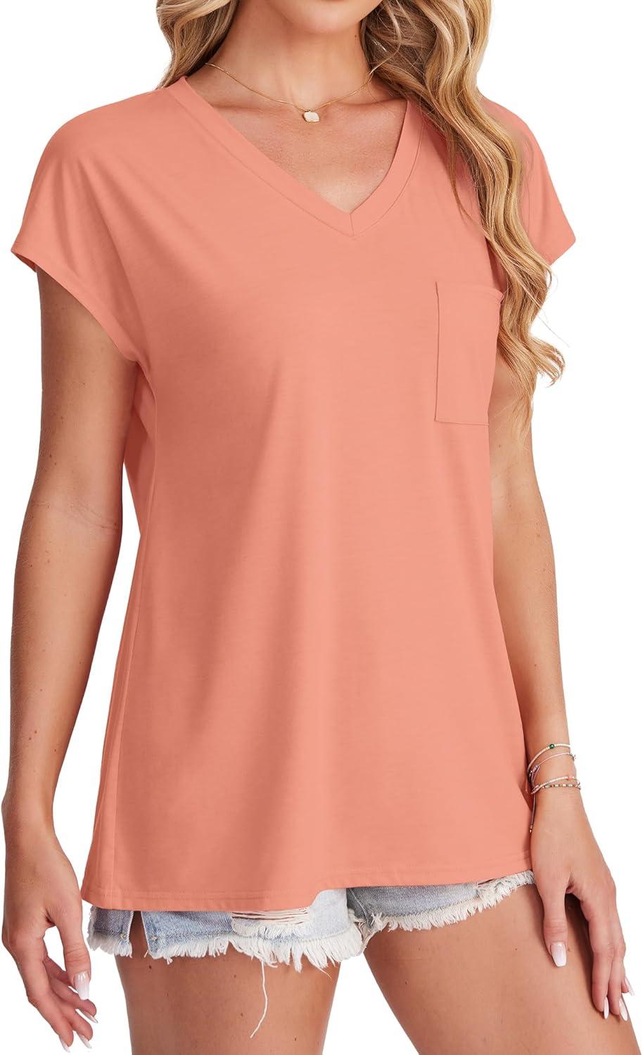 imageSAMPEEL Womens T Shirts V Neck Cap Short Sleeve Summer Tops Trendy 2025 Loose Casual Tshirts with PocketCoral