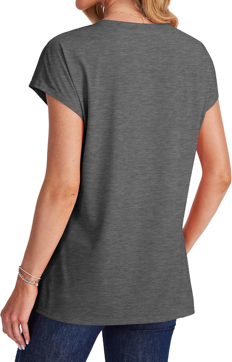 imageSAMPEEL Womens T Shirts V Neck Cap Short Sleeve Summer Tops Trendy 2025 Loose Casual Tshirts with PocketDark Grey