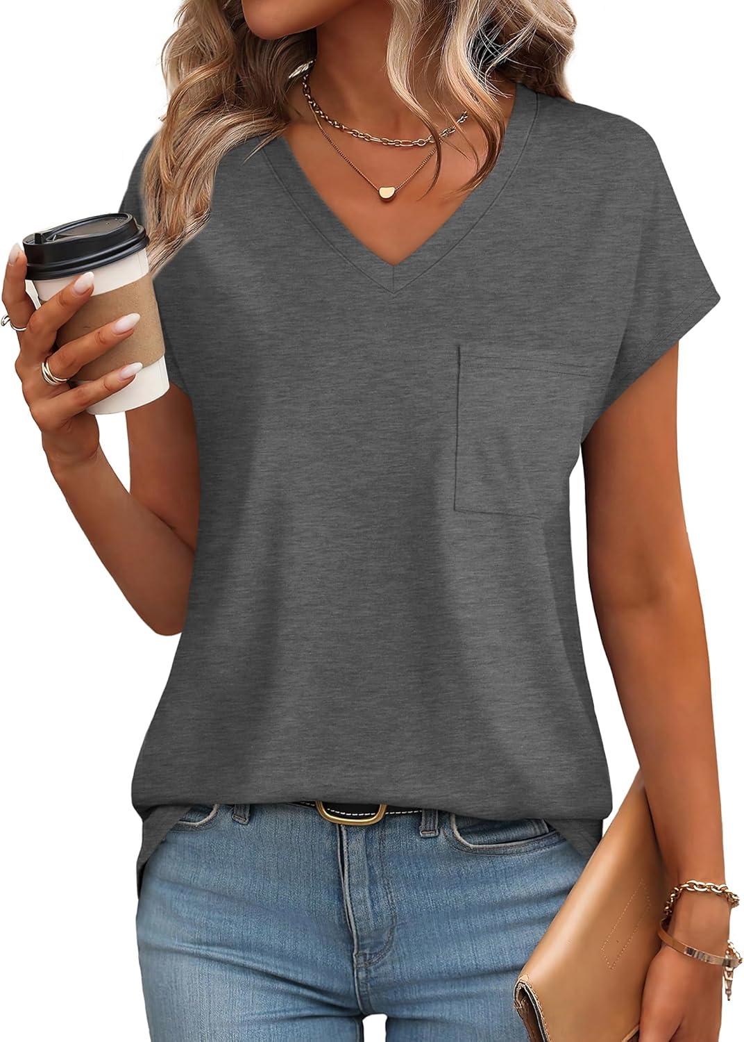 imageSAMPEEL Womens T Shirts V Neck Cap Short Sleeve Summer Tops Trendy 2025 Loose Casual Tshirts with PocketDark Grey