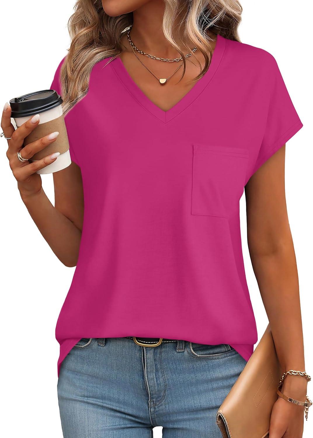 imageSAMPEEL Womens T Shirts V Neck Cap Short Sleeve Summer Tops Trendy 2025 Loose Casual Tshirts with PocketHot Pink