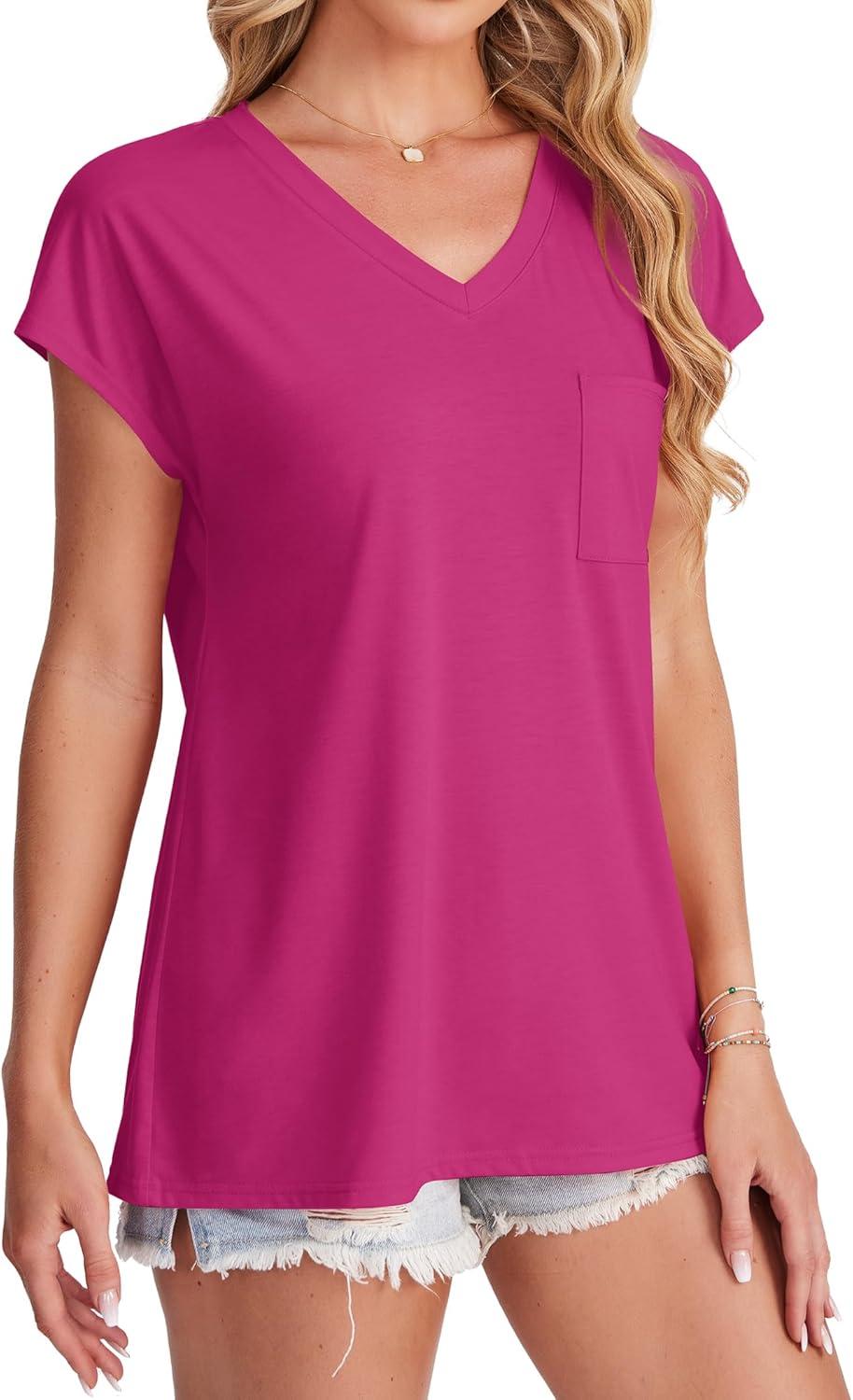 imageSAMPEEL Womens T Shirts V Neck Cap Short Sleeve Summer Tops Trendy 2025 Loose Casual Tshirts with PocketHot Pink