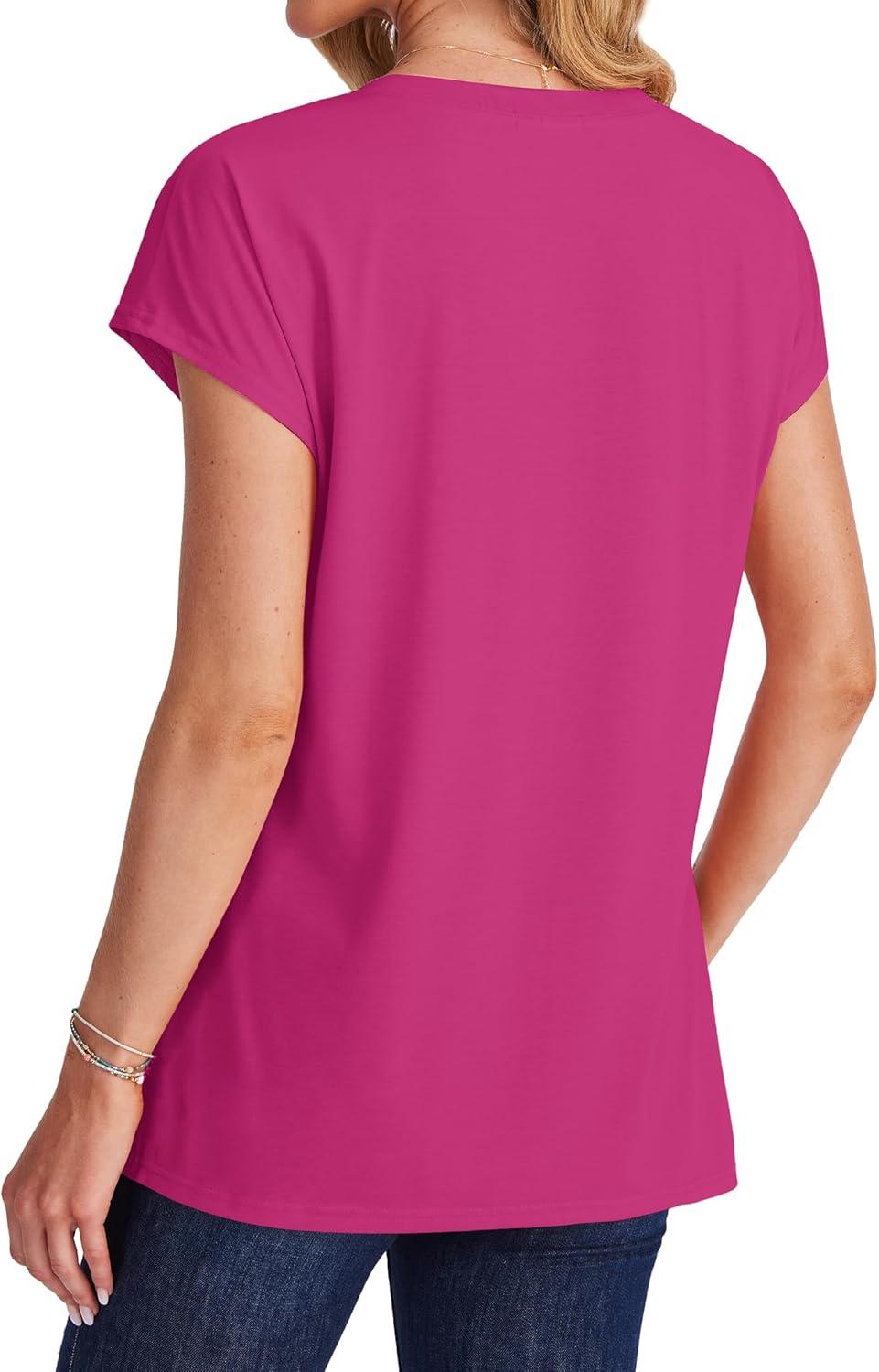 imageSAMPEEL Womens T Shirts V Neck Cap Short Sleeve Summer Tops Trendy 2025 Loose Casual Tshirts with PocketHot Pink