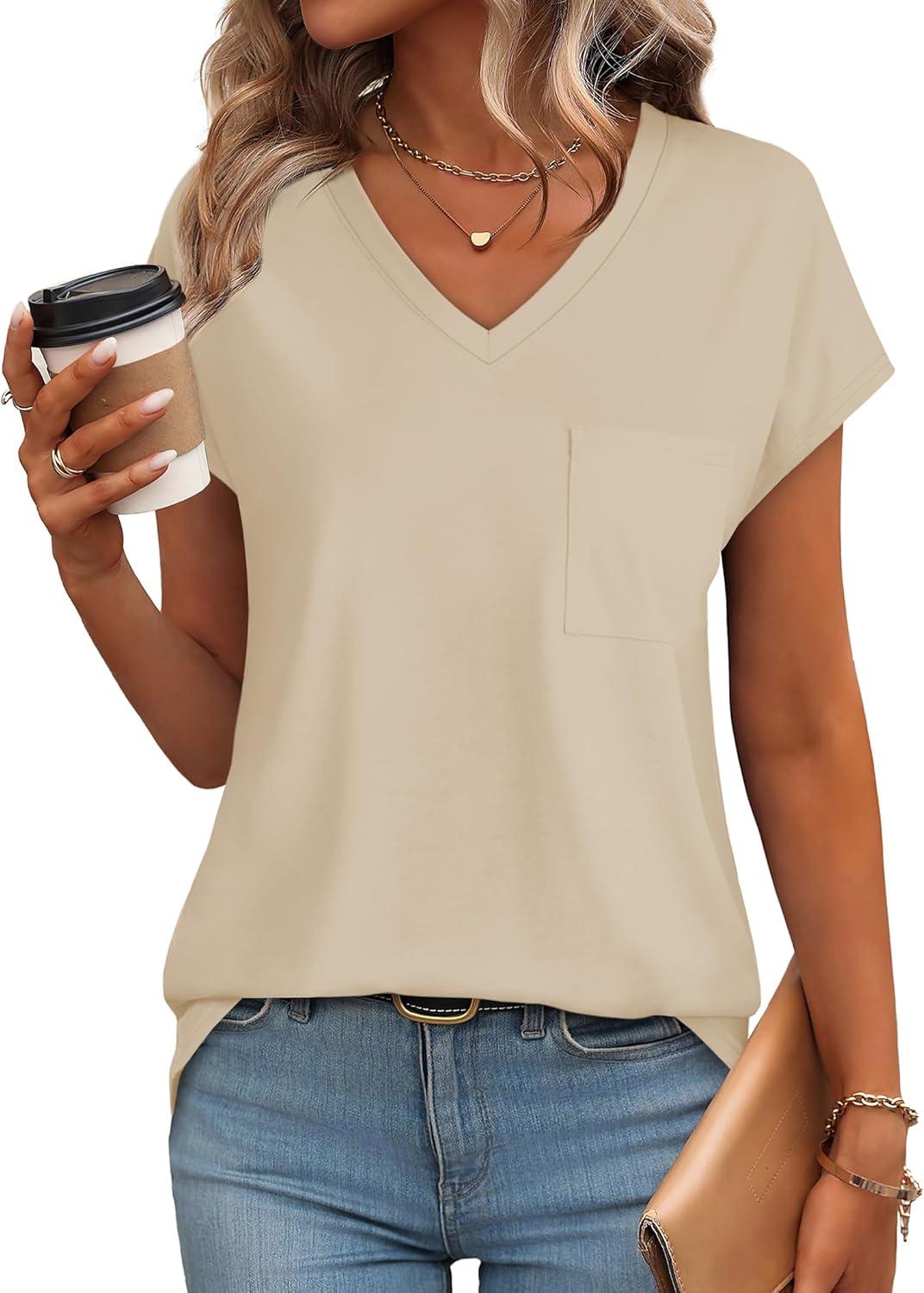 imageSAMPEEL Womens T Shirts V Neck Cap Short Sleeve Summer Tops Trendy 2025 Loose Casual Tshirts with PocketKhaki