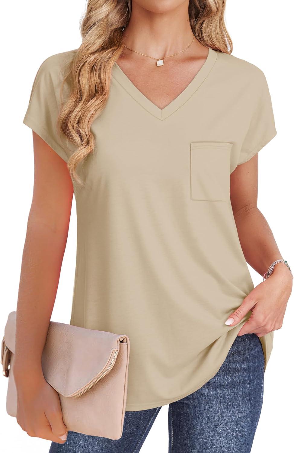 imageSAMPEEL Womens T Shirts V Neck Cap Short Sleeve Summer Tops Trendy 2025 Loose Casual Tshirts with PocketKhaki