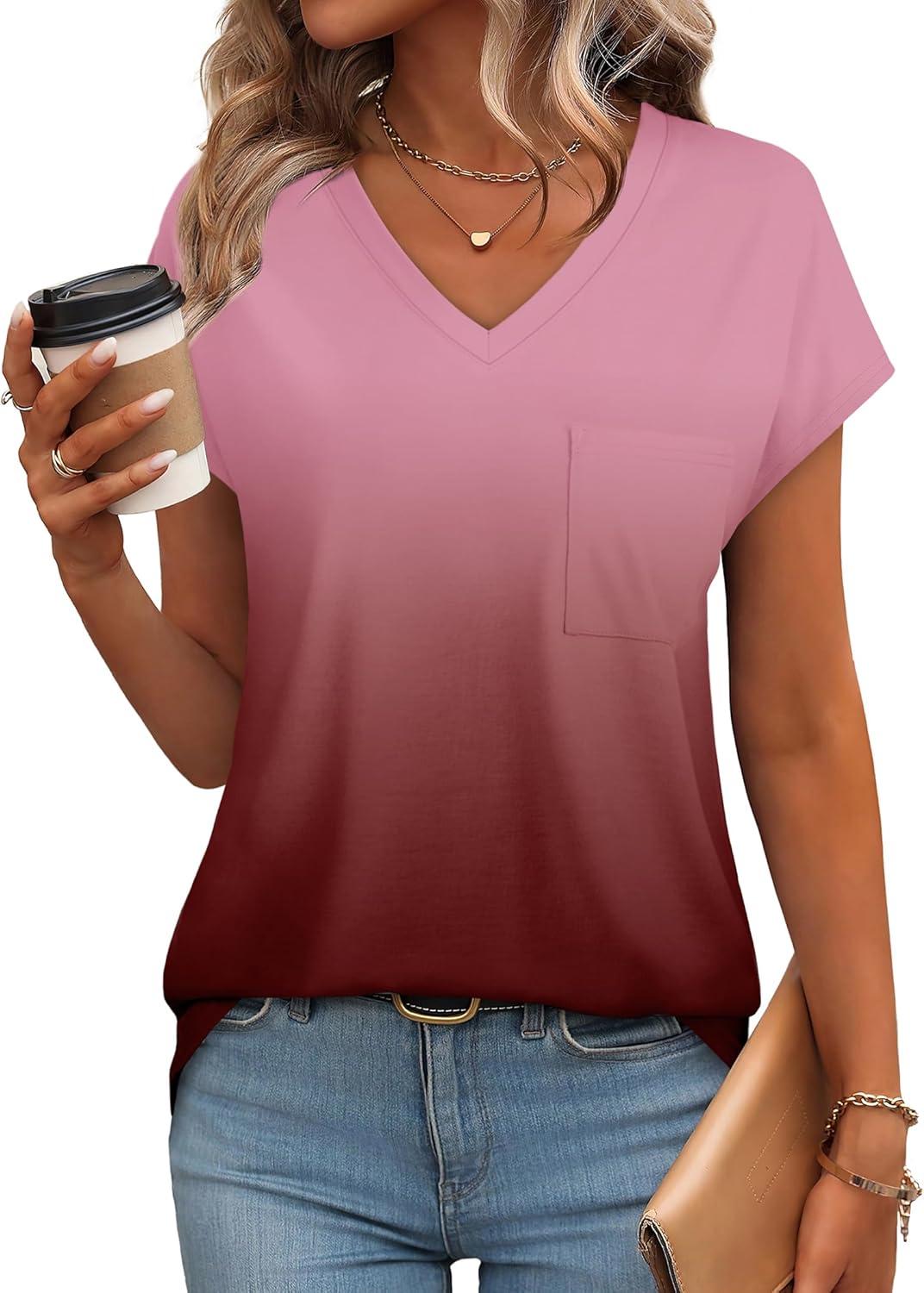 imageSAMPEEL Womens T Shirts V Neck Cap Short Sleeve Summer Tops Trendy 2025 Loose Casual Tshirts with PocketOmbre Burgundy