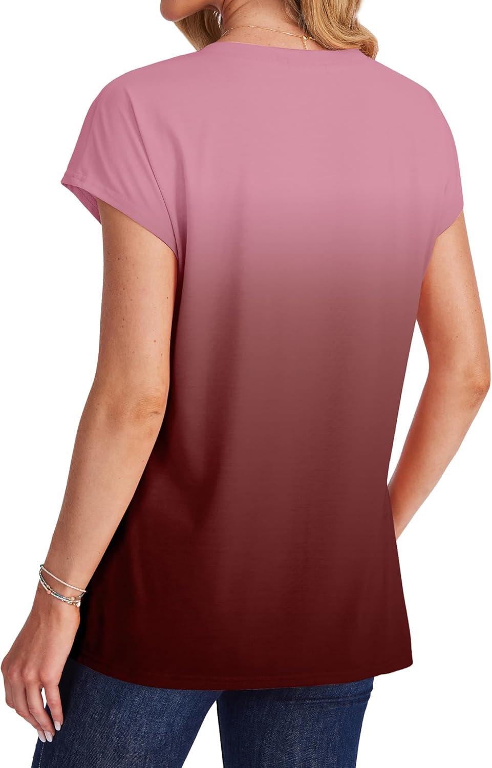 imageSAMPEEL Womens T Shirts V Neck Cap Short Sleeve Summer Tops Trendy 2025 Loose Casual Tshirts with PocketOmbre Burgundy